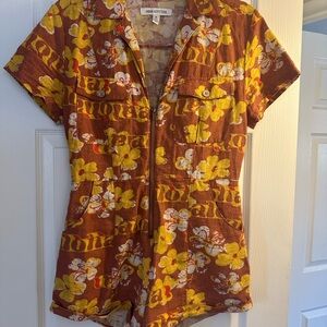 Urban Outfitters Rust Aloha Floral Zip Romper with Yellow Accents